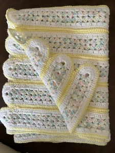 Handmade Crochet Baby Afghan Blanket Shimmery White Yellow Multi 44”x28”Swaddle - Picture 1 of 5