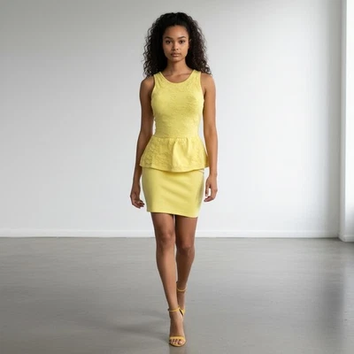 Arden B Butter Yellow Tank Dress Sz XS Bubble Texture Stretch Peplum - Image 1 of 4
