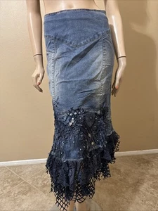 Mujer Azul Denim Algodón Elastizado Boho Cuentas Cremallera Talla S (4-6) Falda SK 708 - Imagen 1 de 24