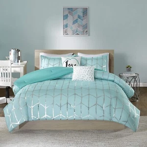 Silver Metallic Print Twin Comforter Set Blue Girl Boy Bedding Pillow Sham Cover - Picture 1 of 6