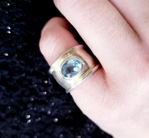 Vintage Sterling Silver Blue Topaz Wide Cigar Band Ring Size 6 Womens Boho 15MM - Picture 1 of 12