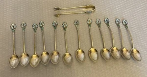 antique Gorham Foget Me Not Enamel Sterling Vermeil 808 Demi Spoon Tong Set 13P - Picture 1 of 9