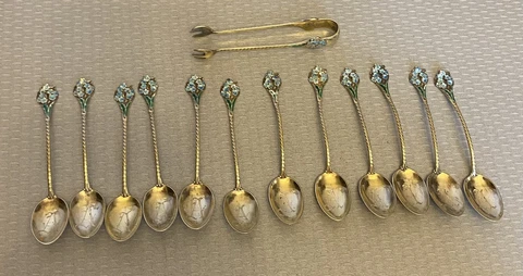 antique Gorham Foget Me Not Enamel Sterling Vermeil 808 Demi Spoon Tong Set 13P Cover