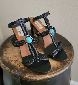 Sandalias de tacón VALENTINO GARAVANI imitación turquesa escarabajo zapatos piel de becerro EE. UU. 10,5 - Imagen 1 de 9