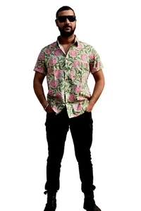 Indian Beige Floral Cotton Men's Shirt Wedding Dress Handmade 2XL Size Boy Shirt - Picture 1 of 5