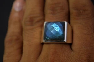 Solid 925 Sterling Silver AA Natural Blue Labradorite Gemstone Men's Unisex Ring - Picture 1 of 10