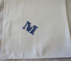 Vintage White  Handkerchief Hand Monogrammed  "M" in Blue - Picture 1 of 4