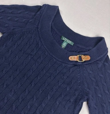 Ralph Lauren Cable Knit Cotton Sweater Size Medium Navy Blue Buckle Round Neck - Image 1 of 4