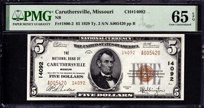 1929 T2 $5 NATIONAL BANK NOTE CURRENCY CARUTHERSVILLE MISSOURI PMG GEM 65 EPQ - Image 1 of 4