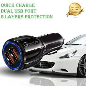 Mobile Phone Quick Charge Dual Port USB Fast Car Charger Portable Black With LED - Photo 1 sur 12