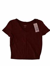 Wild Fable Womens Burgundy Short Sleeve V Neck Pullover Cropped T Shirt Small