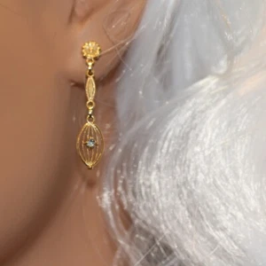 18K Yellow Gold Victorian Natural Ice Blue Tourmaline Earrings - Picture 1 of 5