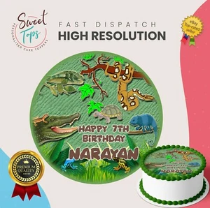 REPTILE PERSONALISED ROUND EDIBLE BIRTHDAY CAKE TOPPER DECORATION - Picture 1 of 4