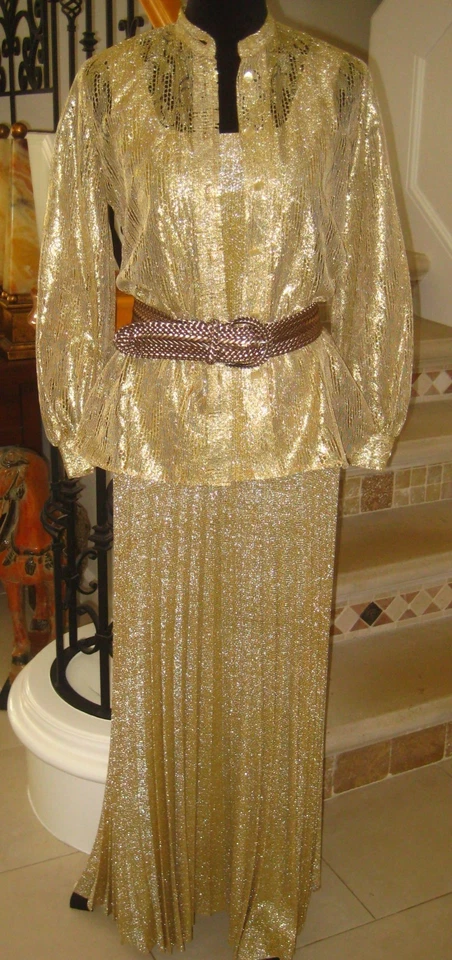 Vintage Teddi Ca 3 piezas oro metálico encaje acordeón plisado blusa tanque falda conjunto 8 Foto 1 de 4