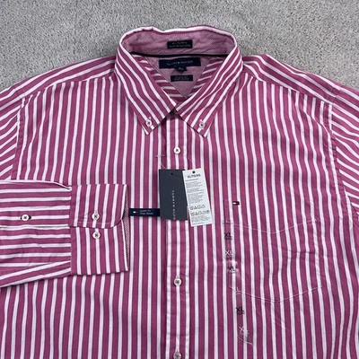 Camisa Tommy Hilfiger Para Hombre XL Rosa Blanco Rayas Ajuste Personalizado Algodón Abotonada NUEVA Foto 1 de 4