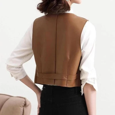 Gilet Sans Manches En Faux Cuir Pour Femme Avec Boutons - Photo 1/4