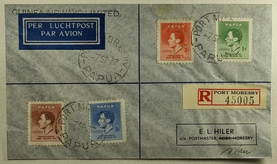 1937 Papua New Guinea Registered King George Coronation Cover to Wau New Guinea - Image 1 of 2