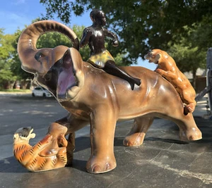 Vintage Portuguese Ceramic Statue Slavery India Tiger Attack Blackamoor Elephant - Picture 1 of 12