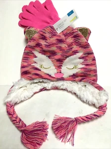 Capelli Kids Cat Faux Fur Hat & Gloves Set - Size M/L Pink & Silver - Picture 1 of 2