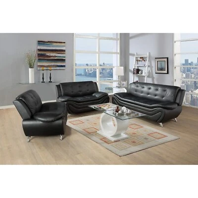 NEW Black 3PC Sofa Loveseat Chair Modern Faux Leather Gel Living Room Set - Image 1 of 4