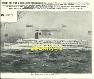 Impresión original de The Plymouth Steamship de la década de 1890 con cupón publicitario en periódico - Imagen 1 de 3