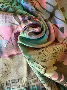 2 yds x 42” Hand Dyed Silk Fabric Black Block Print on blue, pink, purple, teal - Picture 1 of 15