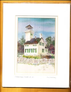 FARO FIRMADO LOU McMURRAY ESTAMPADO EN ACUARELA CHEBOYGAN RIVER LT, MI - Imagen 1 de 1