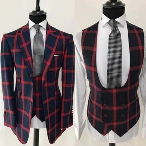 Men Red Suit Plaid Check Notch Lapel Single Breasted Tuxedo Custom Blazer Party - Picture 1 of 8