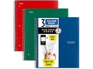 Five Star Spiral Notebook + Study App Green, Red, Blue 3 Pack - Picture 1 of 7