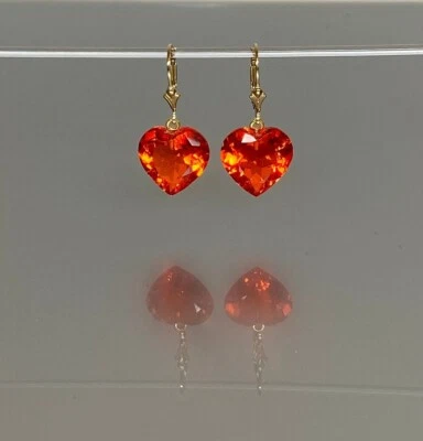 Mexican Fire Opal Dangle Heart Earring Solid Sterling Silver 925 Christmas gift - Image 1 of 4