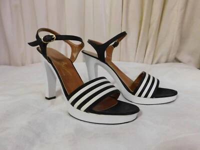 Vintage MW Striped Plastic Black White Striped 4" High Heels Size 6B - Image 1 of 4