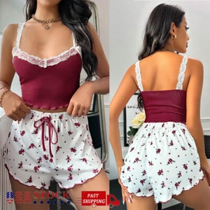 Women Sexy Two-Piece Sleepwear Lace Pajamas Set Shorts Nightwear Camisole Outfit - Picture 1 of 10