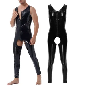 Men's Wetlook PVC Leather Zipper Crotchless Jumpsuit Latex Fetish Wear Catsuit - Picture 1 of 8