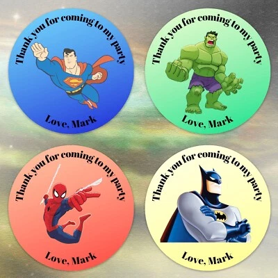 Personalised Superhero Birthday Party Stickers Thank You Sweet Cone Party Bags  - Image 1 of 4