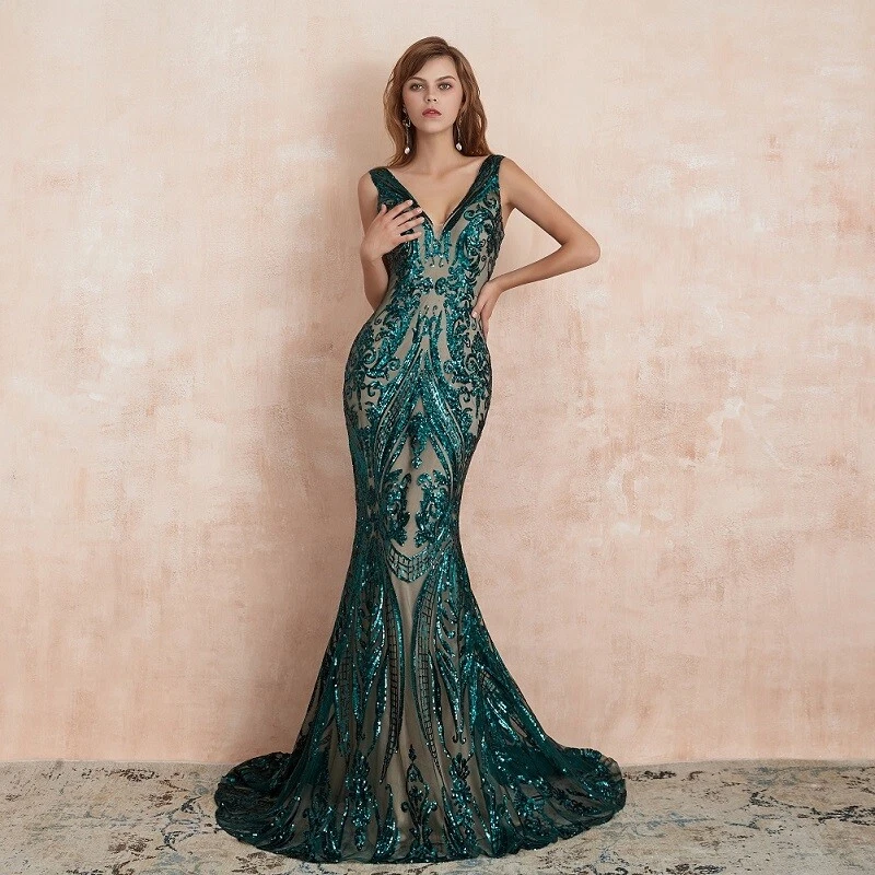 Vestido de festa sexy sereia lantejoulas gola V noite formatura vestidos de damas de honra longos - Imagem 1 de 4