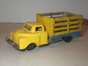 Vintage HAJI Friction Tin Litho Yellow Blue Farm Stake Truck Made Japan - WORKS!