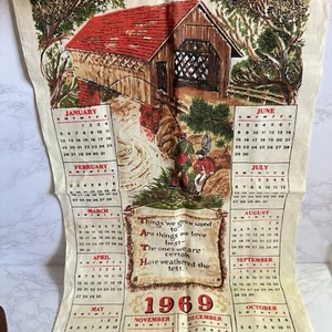 Vintage 1969 Covered Bridge Linen Calendar Tea Towel Fishing - Picture 1 of 9