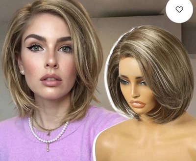 "Peluca delantera de encaje sintético mezcla rubia marrón KOME, 10"" bob en capas" Foto 1 de 4