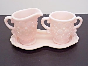 Fenton Daisy and Button Rosalene Pink Daisy and Button Creamer Sugar Bowl & Tray - Picture 1 of 7