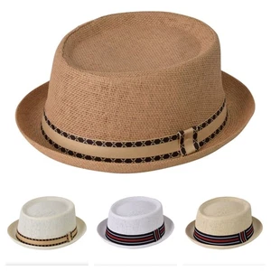 Adults Straw Lightweight Mens Summer Pork Pie Classic Striped Sun Cross Band Hat - Picture 1 of 14