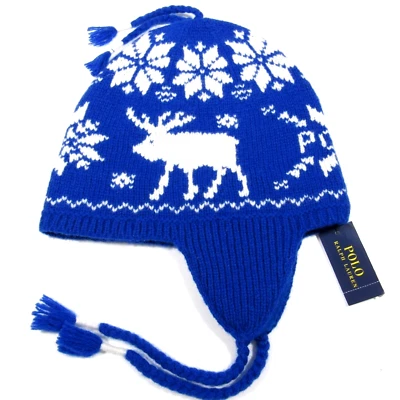 Polo Ralph Lauren Men's Wool Beanie Ski Hat Intarsia Moose Pattern Cobalt Blue - Image 1 of 4