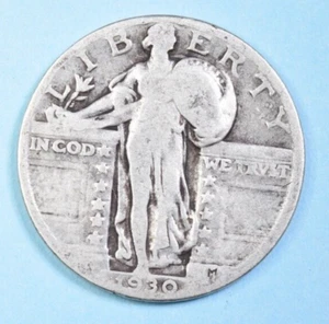 Moneda de 25 centavos de plata tipo Estados Unidos 1930 Standing Liberty Quarter ~ en muy buen estado muy buena ~ 90 % - Imagen 1 de 2