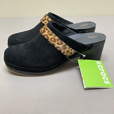 Crocs Sarah замшевые сабо женщин размер 9 черный леопард печать поскользнуться на Mule туфли новый - Изображение 1 из 4