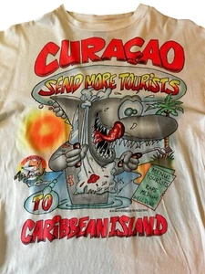 Vintage 90s Funny Shark Curacao Caribbean Island Single Stitch White Tshirt L - Picture 1 of 9