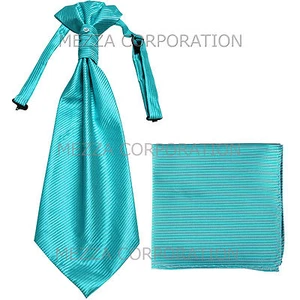 New 100% Polyester Men's Horizontal Stripes Ascot Cravat Hankie Turquoise Blue - Picture 1 of 2