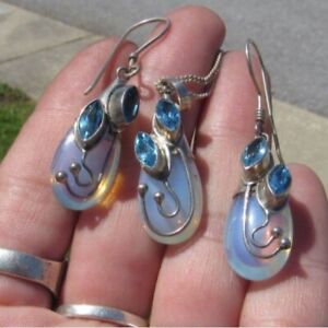 Sajen 925 Sterling Silver Blue Topaz and Opalite Jewelry set