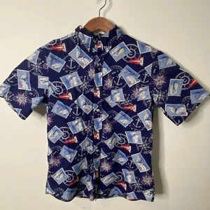 Chaps Ralph Lauren Shirt Mens Large Blue Nautical Stamps Short Sleeve Button Up - Picture 1 of 9