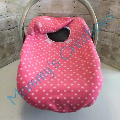 Infant Car Seat Carrier Cover New Handmade Fleece Solid Pink w/White Dots - Image 1 of 2