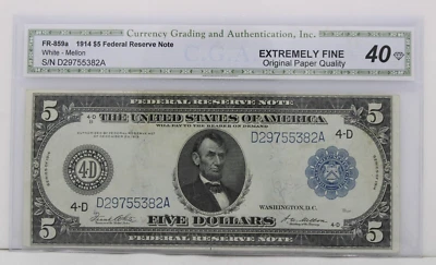$5 FR-859a 1914 Federal Reserve Note CGAI 40 Extremely Fine OPQ  S/N D29755382A - Image 1 of 2