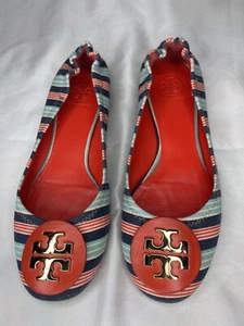 TORY BURCH Reva Printed Canvas Bauer Stripe Ballet Flats, Habanero Pepper - 8.5 - Picture 1 of 7